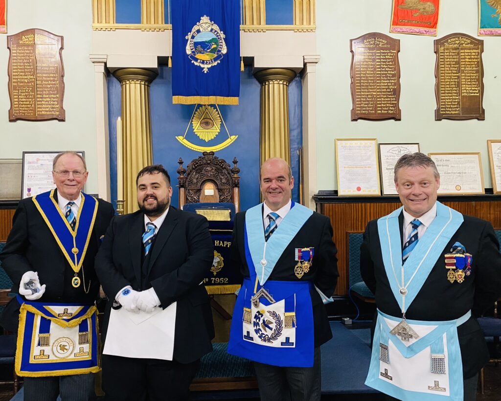W. Bro Steven Tector (proposer), Bro. James Bashford, WM W. Bro. Howard Smith APGM, IPM W. Bro Colin Bennett (seconder)